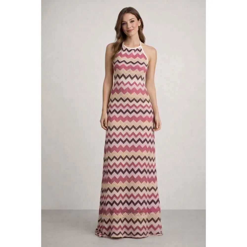 No Comment Pink Chevron Halter Maxi Dress Boho Size M
